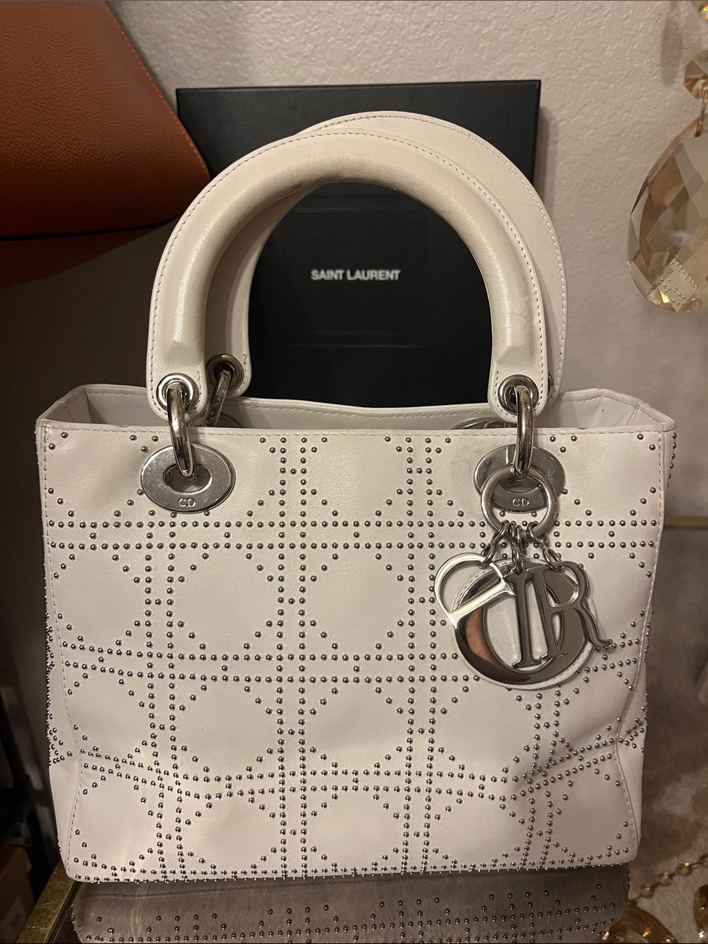 Saint Laurent White Studded Quilted Leather Satchel with Charm